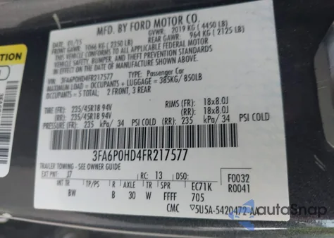 2015 Ford Fusion Se z USA, uszkodzony, nr VIN 3FA6P0HD4FR217577